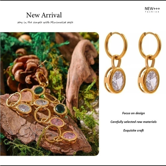 𝅺NEW 18k Gold Plated Huggie Oval Crystal Hoop Earrings - Picture 3 of 8